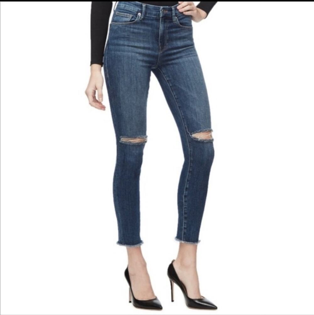 GOOD AMERICAN Good Legs Crop High Rise Raw Hem Distressed Denim Jean Size 25